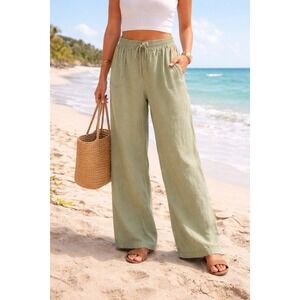 St. Tropez West Linen Pants Womens Medium Green Wide Leg‎ Drawstring